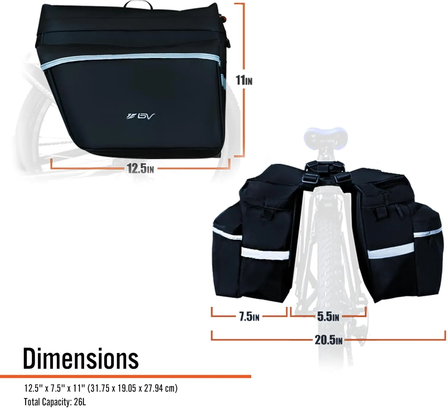 BV Bike Panniers 26L With Adjustable Hooks, Commuter Panniers For Bicycles With Carrying Handle, Bag With 3M Reflective Trim For More Visibility, Fit Most Rack