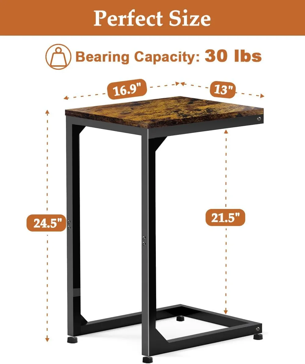 C End Table with Metal Frame Small Side for Couch, Sofa TV Tray Tables for Living Room, Bedroom, Bedside Bright Black