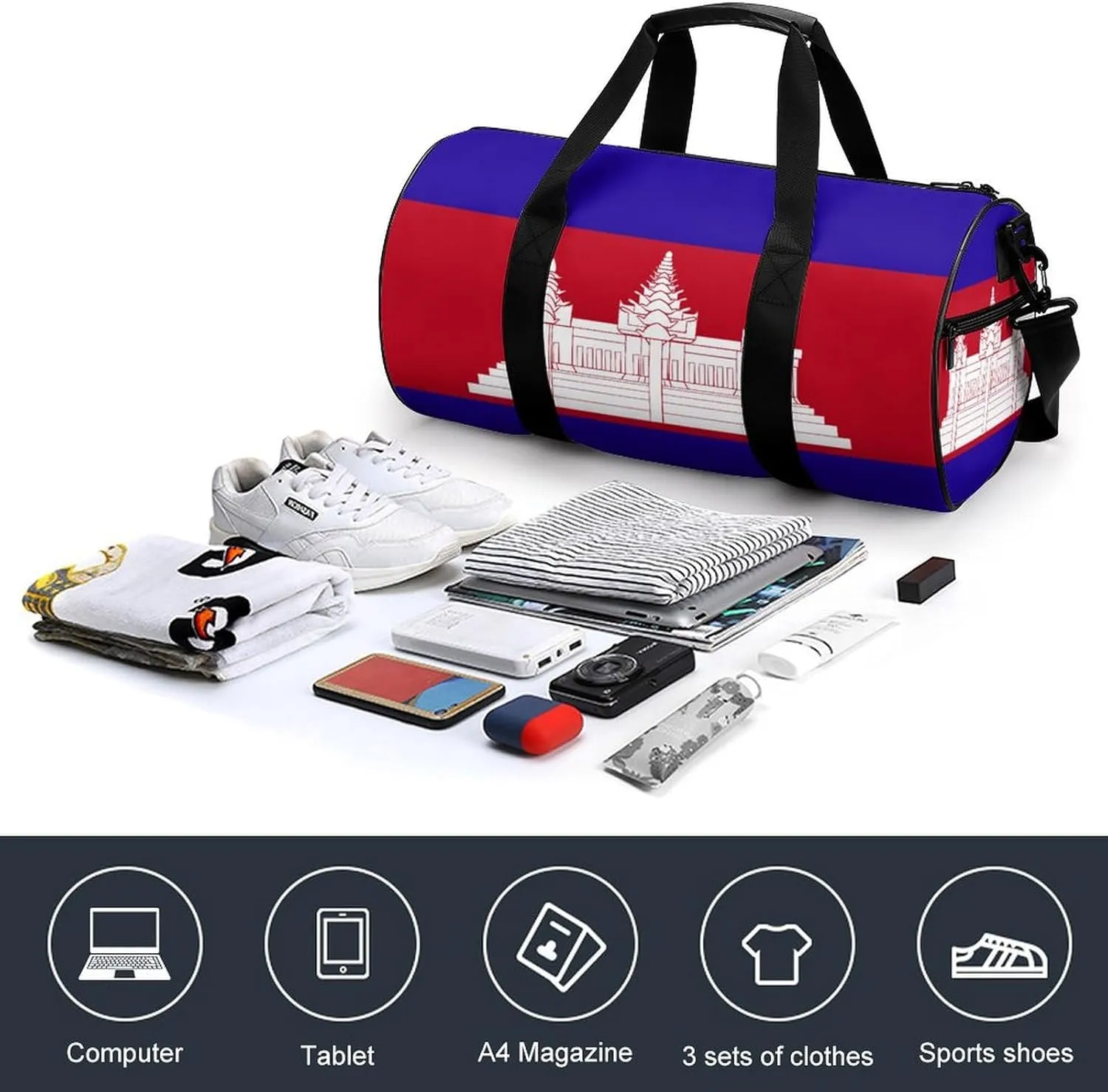 Cambodia Flag Travel Duffel Bag with Wet Pocket for Men Women Gym Weekender Tote