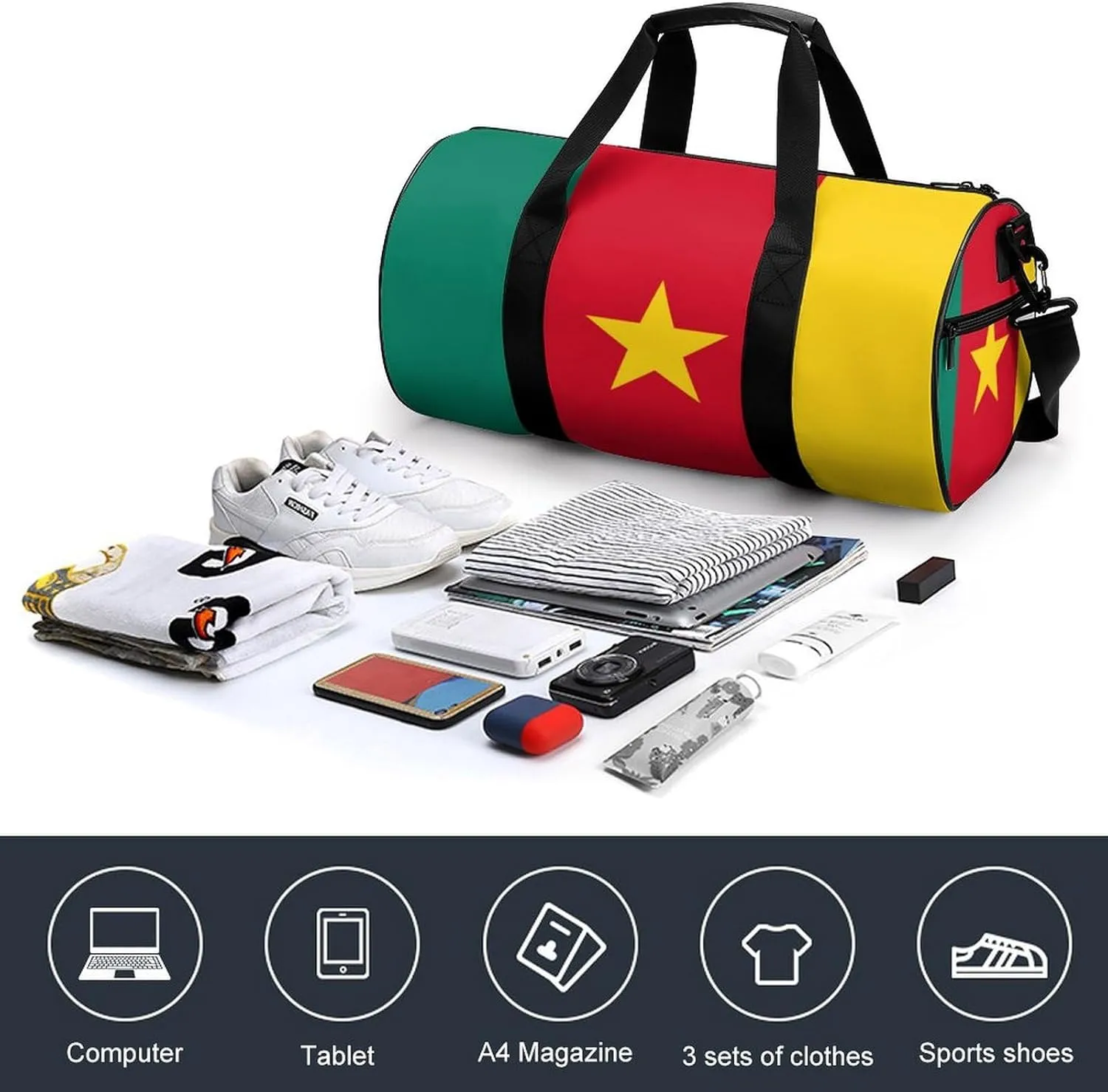 Cameroon Flag Large Duffel Bag Dry Wet Separation for Men Women Sports Travel Tote