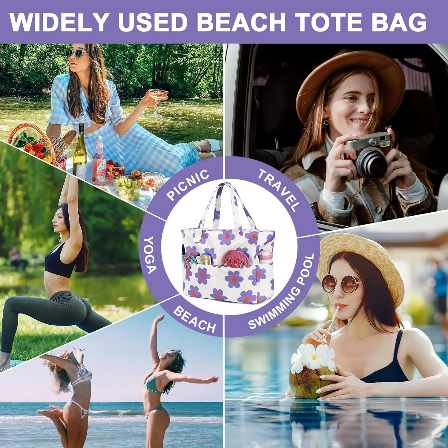 CAMTOP Waterproof Beach Tote Bag for Women Girls with Zipper Foldable Sandproof Pool Swim Bag Travel Carry On Gym
