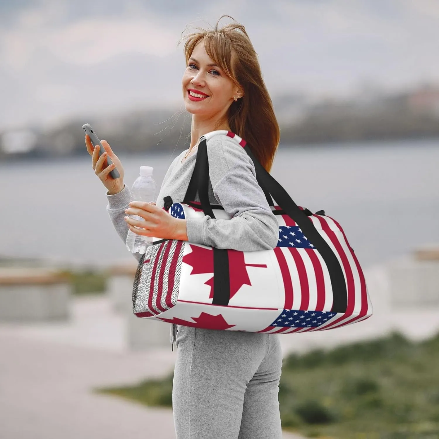 Canadian And American Flag Travel Duffel Bag Large Foldable Waterproof Overnight Bag For Beach Swim Bags Pool Sports Gym