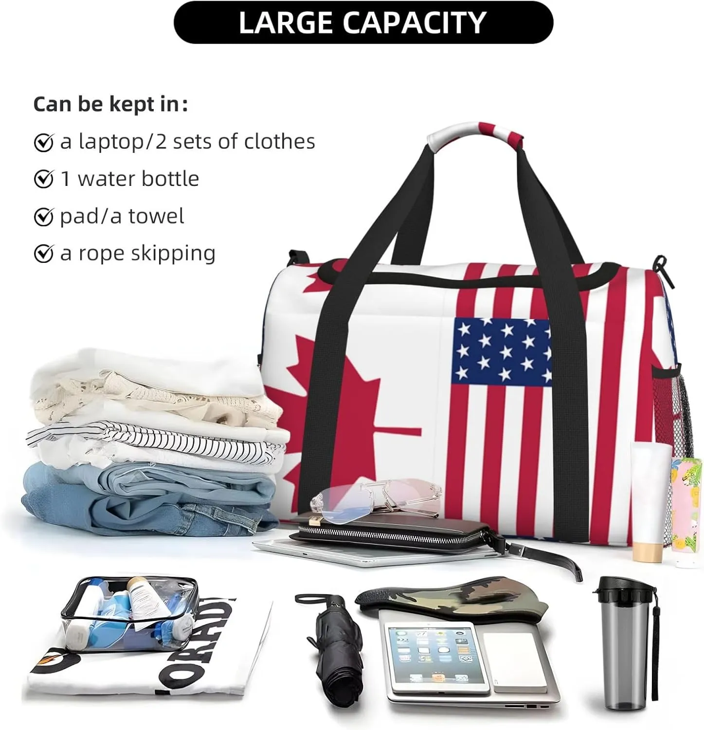 Canadian And American Flag Travel Duffel Bag Large Foldable Waterproof Overnight Bag For Beach Swim Bags Pool Sports Gym