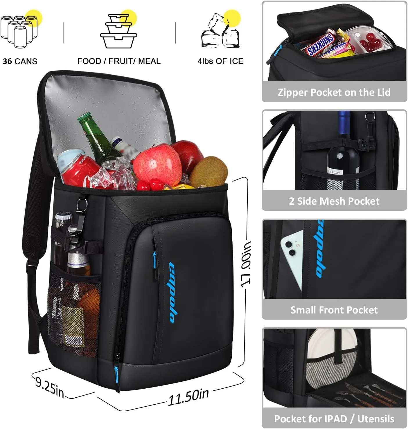 Capolo Cooler Backpack Insulated Leak Proof 36/45 Cans, Soft Camping Bacpack Cooler Thermal Bag Ice Chest, Portable Waterproof Travel Cooler Bag for Lunch Beach Picnic Shopping