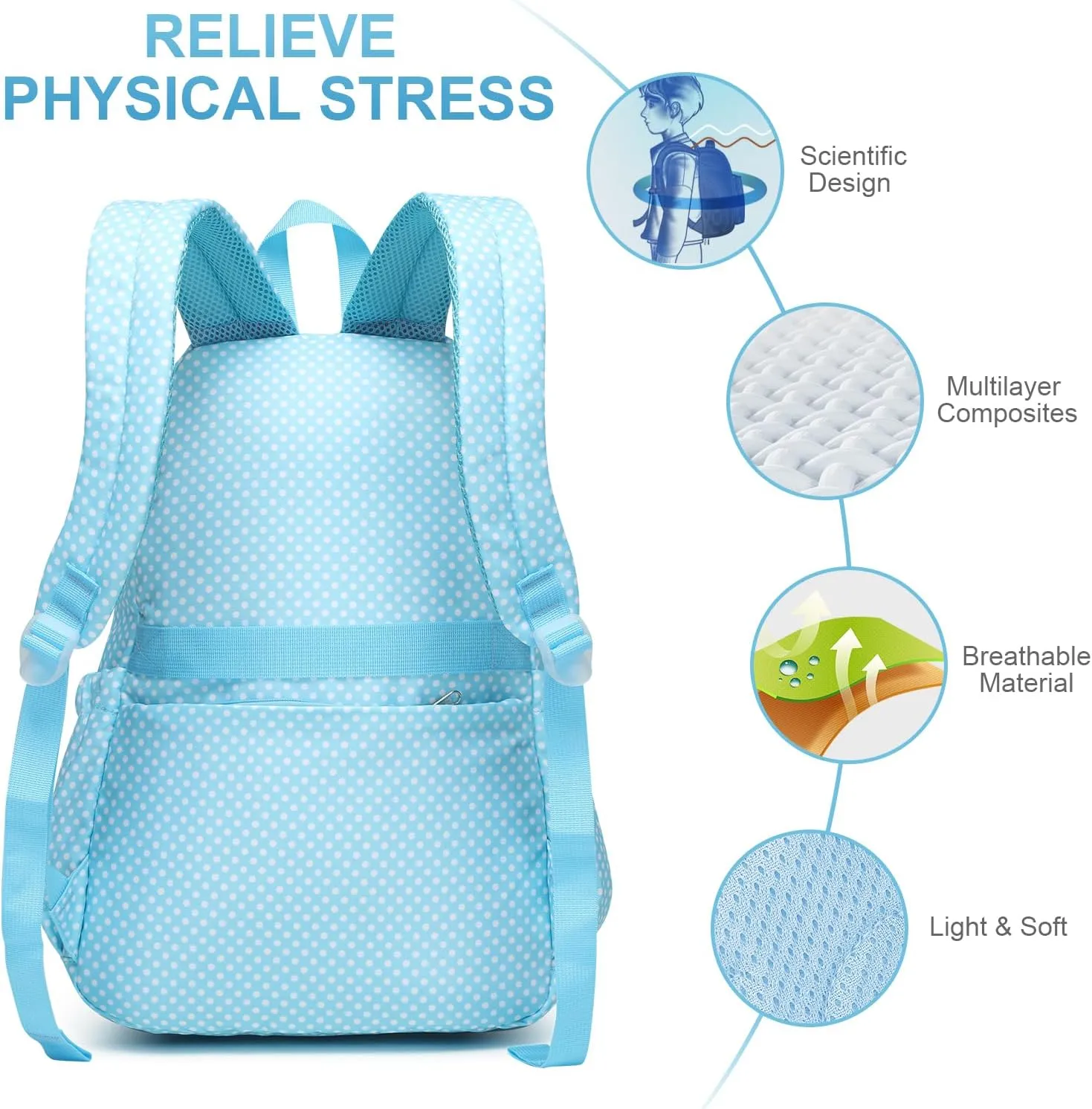 Caran·Y Lightweight Waterproof School Backpack for Kids Teens-Durable Travel Daypack for Boys & Girls Ages 6-18  with Padded Adjustable Straps Comfortable Design 30L(Blue Dots)