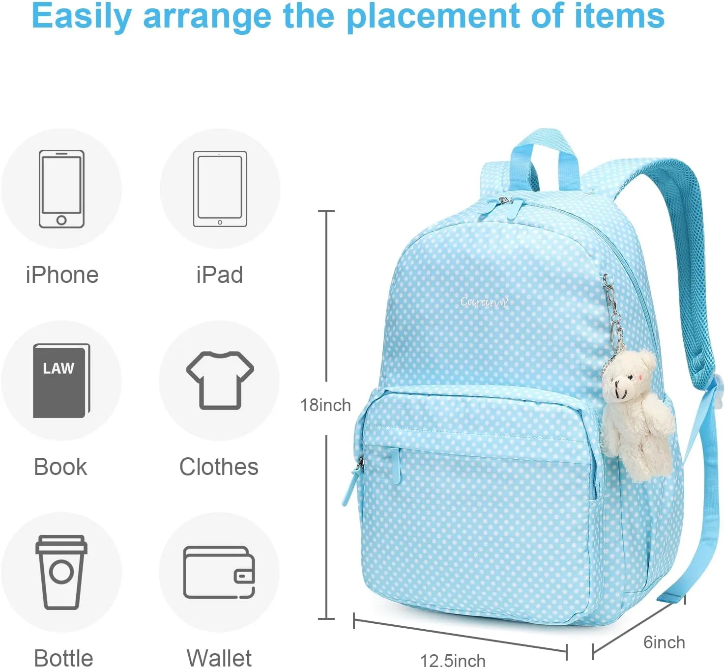 Caran·Y Lightweight Waterproof School Backpack for Kids Teens-Durable Travel Daypack for Boys & Girls Ages 6-18  with Padded Adjustable Straps Comfortable Design 30L(Blue Dots)
