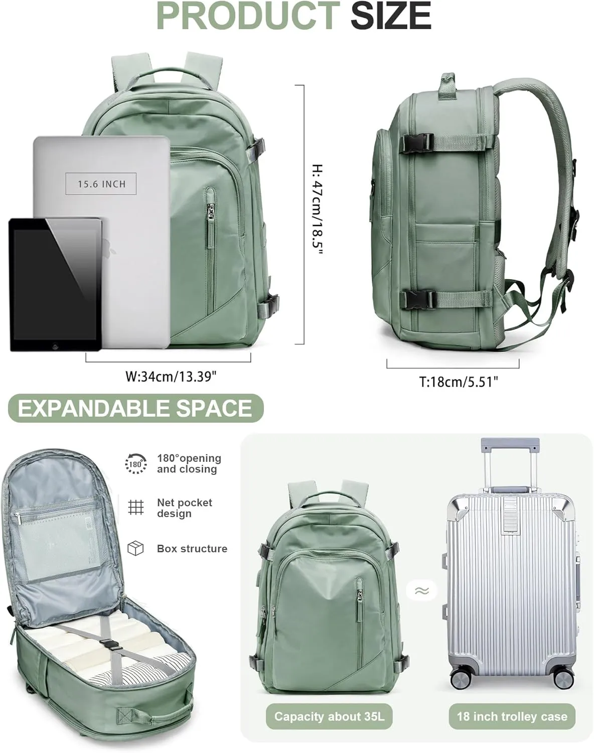 Carry On Backpack, Travel Backpack for Women Men Flight Approved, Personal Item Travel Bag for Airplanes, 14-15.6 Inch Laptop Business Backpack, Casual Daypack Gym Hiking Bakpack Green
