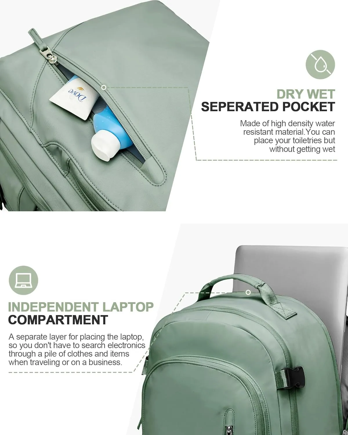 Carry On Backpack, Travel Backpack for Women Men Flight Approved, Personal Item Travel Bag for Airplanes, 14-15.6 Inch Laptop Business Backpack, Casual Daypack Gym Hiking Bakpack Green
