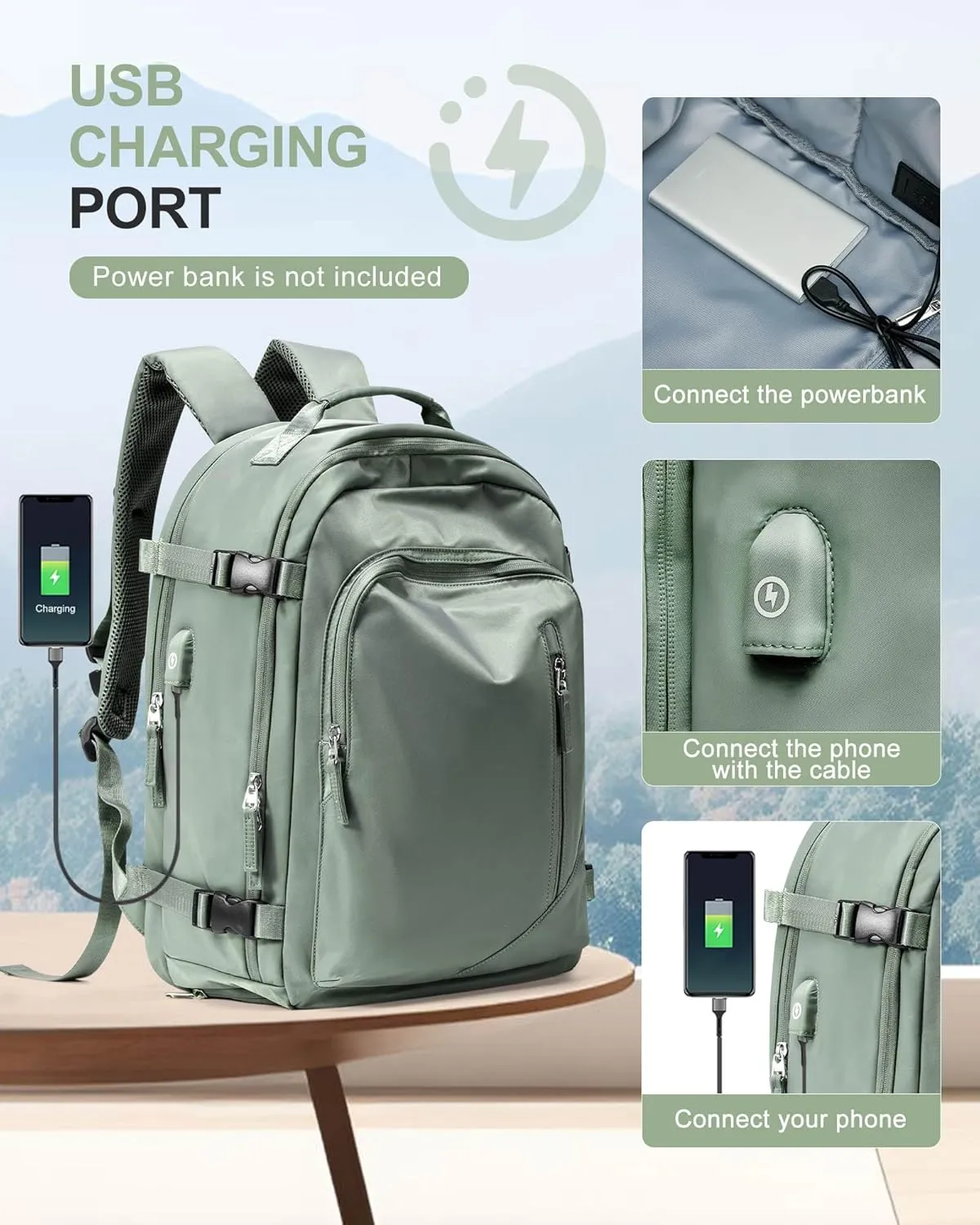 Carry On Backpack, Travel Backpack for Women Men Flight Approved, Personal Item Travel Bag for Airplanes, 14-15.6 Inch Laptop Business Backpack, Casual Daypack Gym Hiking Bakpack Green