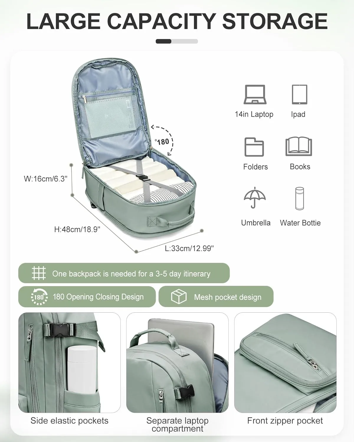 Carry On Backpack, Travel Backpack for Women Men Flight Approved, Personal Item Travel Bag for Airplanes, 14-15.6 Inch Laptop Business Backpack, Casual Daypack Gym Hiking Bakpack Green