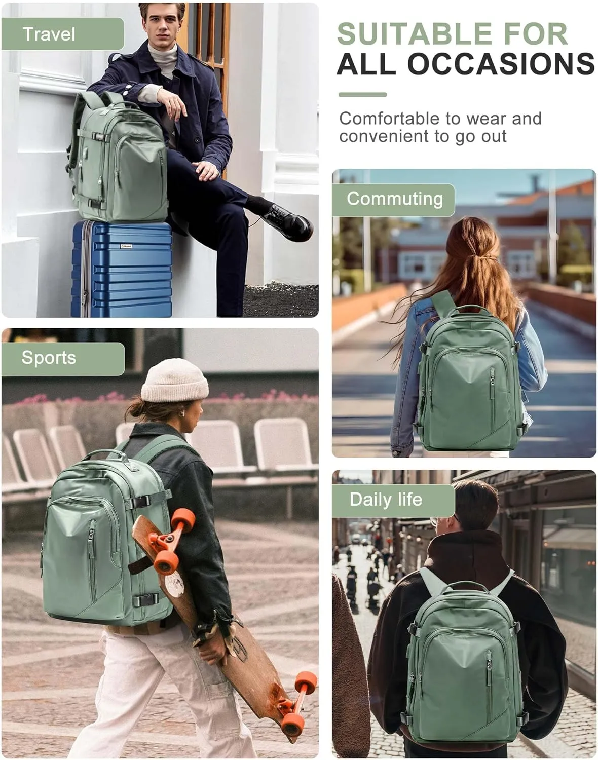 Carry On Backpack, Travel Backpack for Women Men Flight Approved, Personal Item Travel Bag for Airplanes, 14-15.6 Inch Laptop Business Backpack, Casual Daypack Gym Hiking Bakpack Green