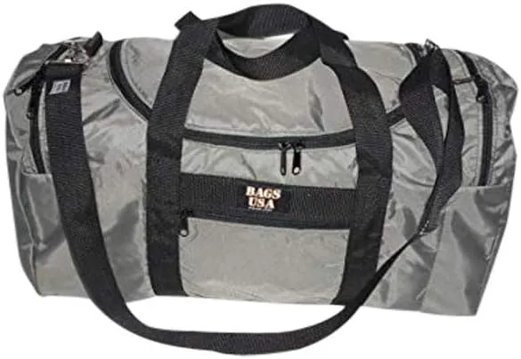 Carry on size weekend bag, Main compartment and two end pockets, Made in USA. (Gray)