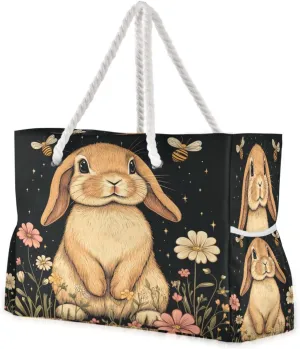 Cartoon Cute Funny Lop-eared Rabbit Sandproof beach bag for cruise with zipper tote bags with cup holders on side