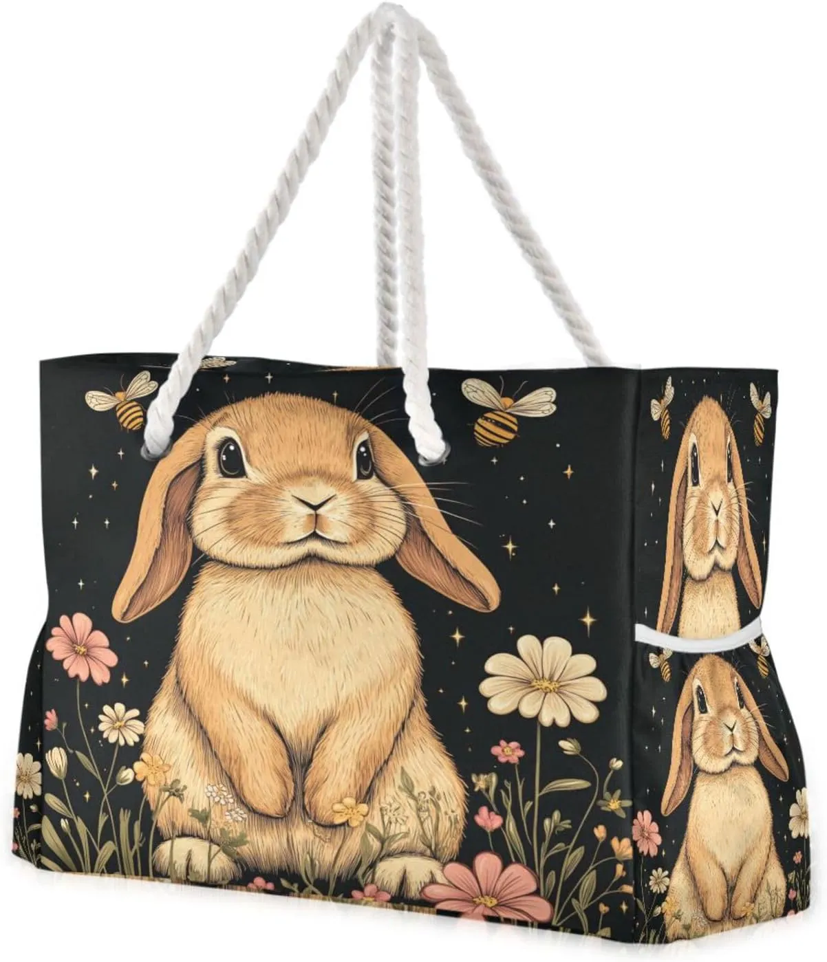 Cartoon Cute Funny Lop-eared Rabbit Sandproof beach bag for cruise with zipper tote bags with cup holders on side