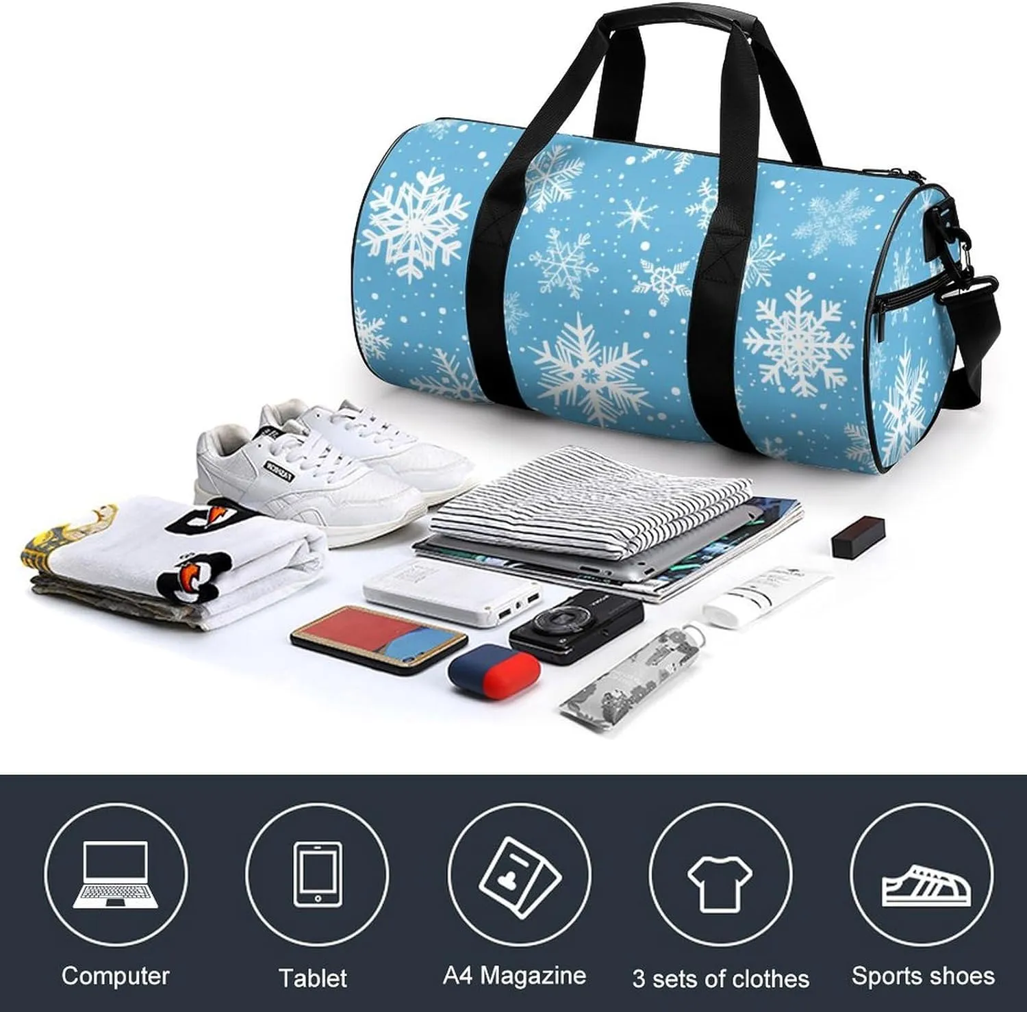 Cartoon Snowflake Travel Gym Bag for Women Men Snowy Blue Cylindrical Duffle Bag Sport Workout Bag with Shoulder Strap