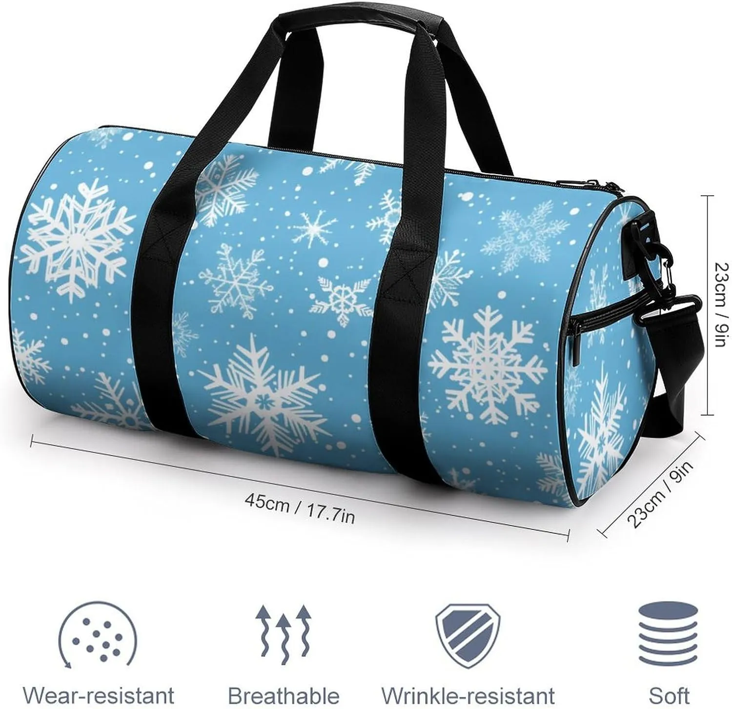 Cartoon Snowflake Travel Gym Bag for Women Men Snowy Blue Cylindrical Duffle Bag Sport Workout Bag with Shoulder Strap
