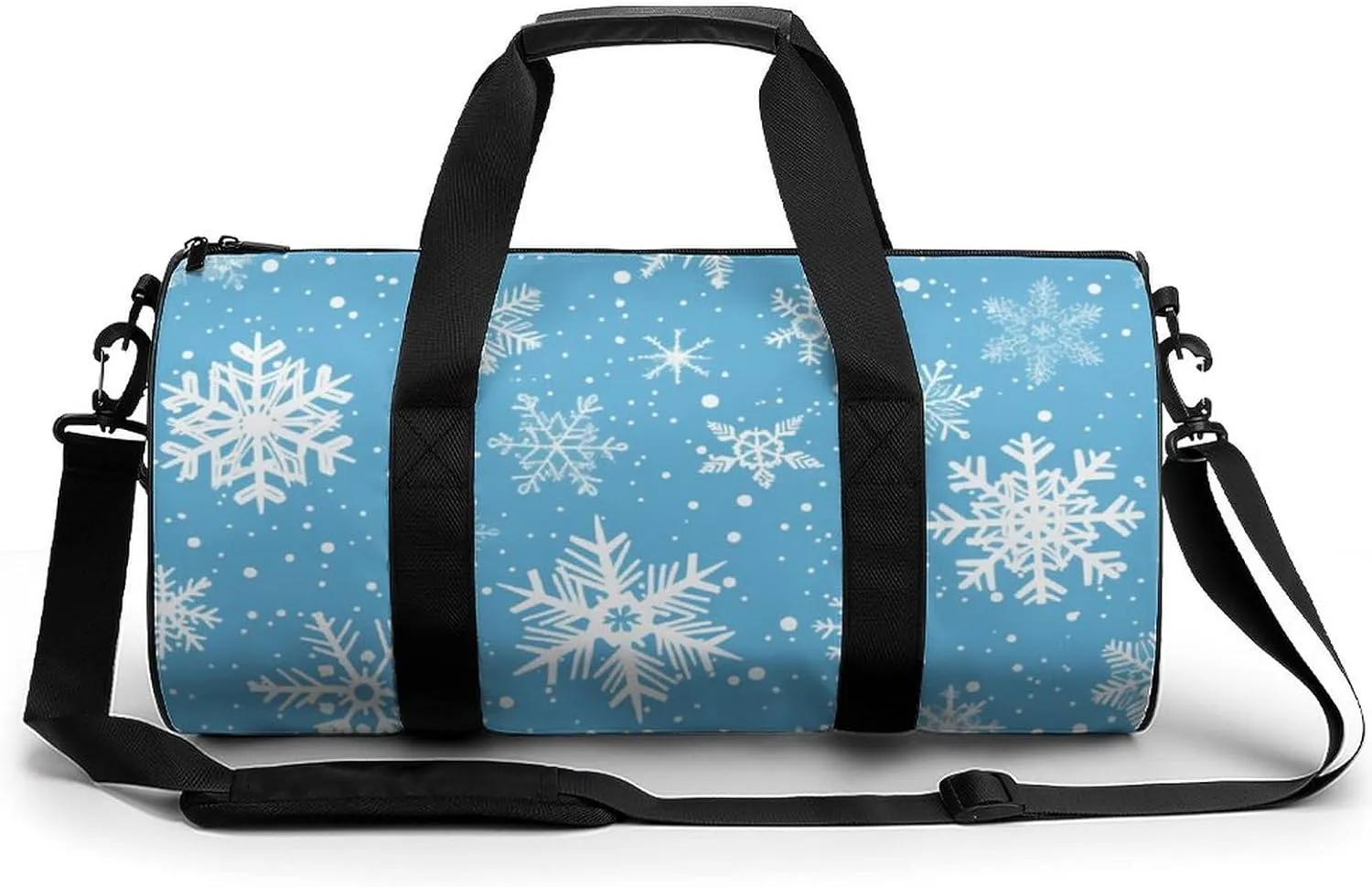 Cartoon Snowflake Travel Gym Bag for Women Men Snowy Blue Cylindrical Duffle Bag Sport Workout Bag with Shoulder Strap