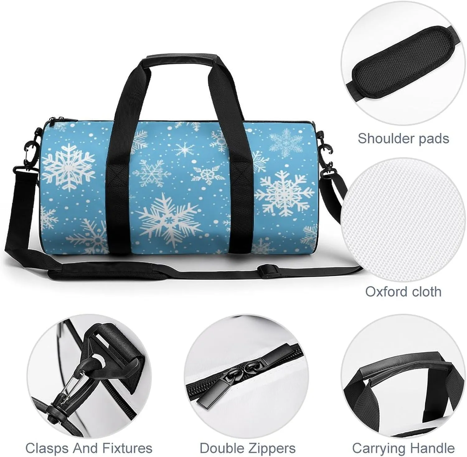 Cartoon Snowflake Travel Gym Bag for Women Men Snowy Blue Cylindrical Duffle Bag Sport Workout Bag with Shoulder Strap