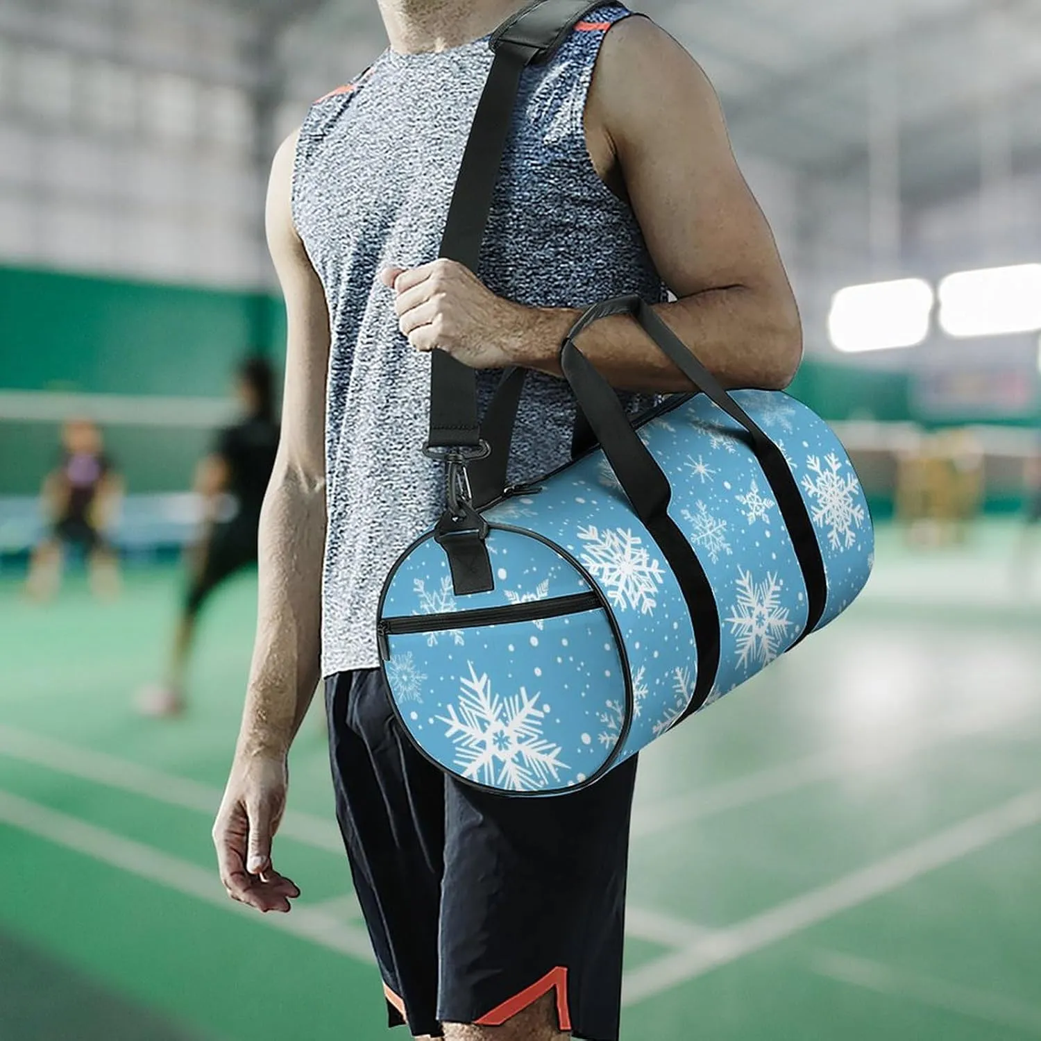 Cartoon Snowflake Travel Gym Bag for Women Men Snowy Blue Cylindrical Duffle Bag Sport Workout Bag with Shoulder Strap