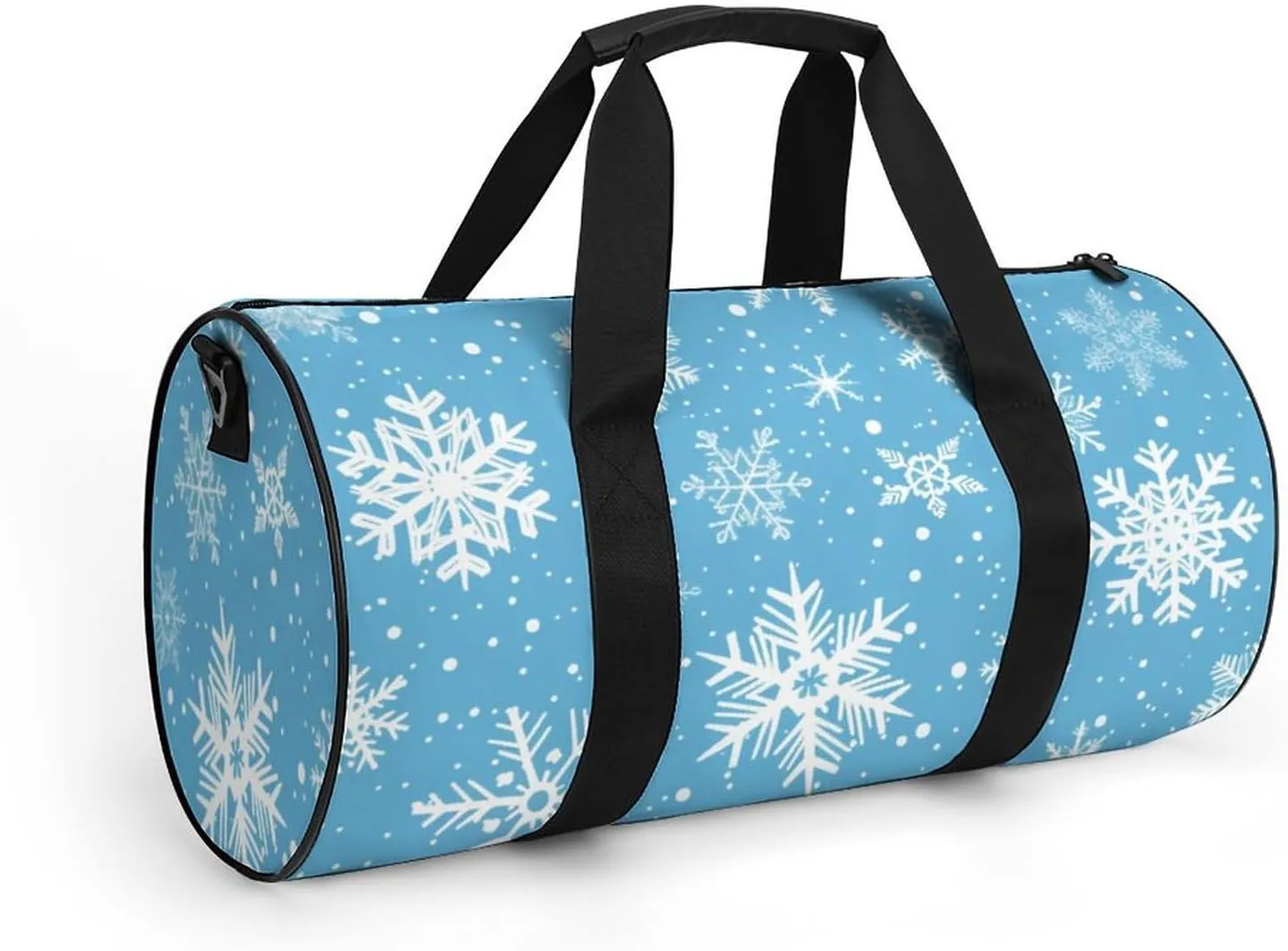 Cartoon Snowflake Travel Gym Bag for Women Men Snowy Blue Cylindrical Duffle Bag Sport Workout Bag with Shoulder Strap