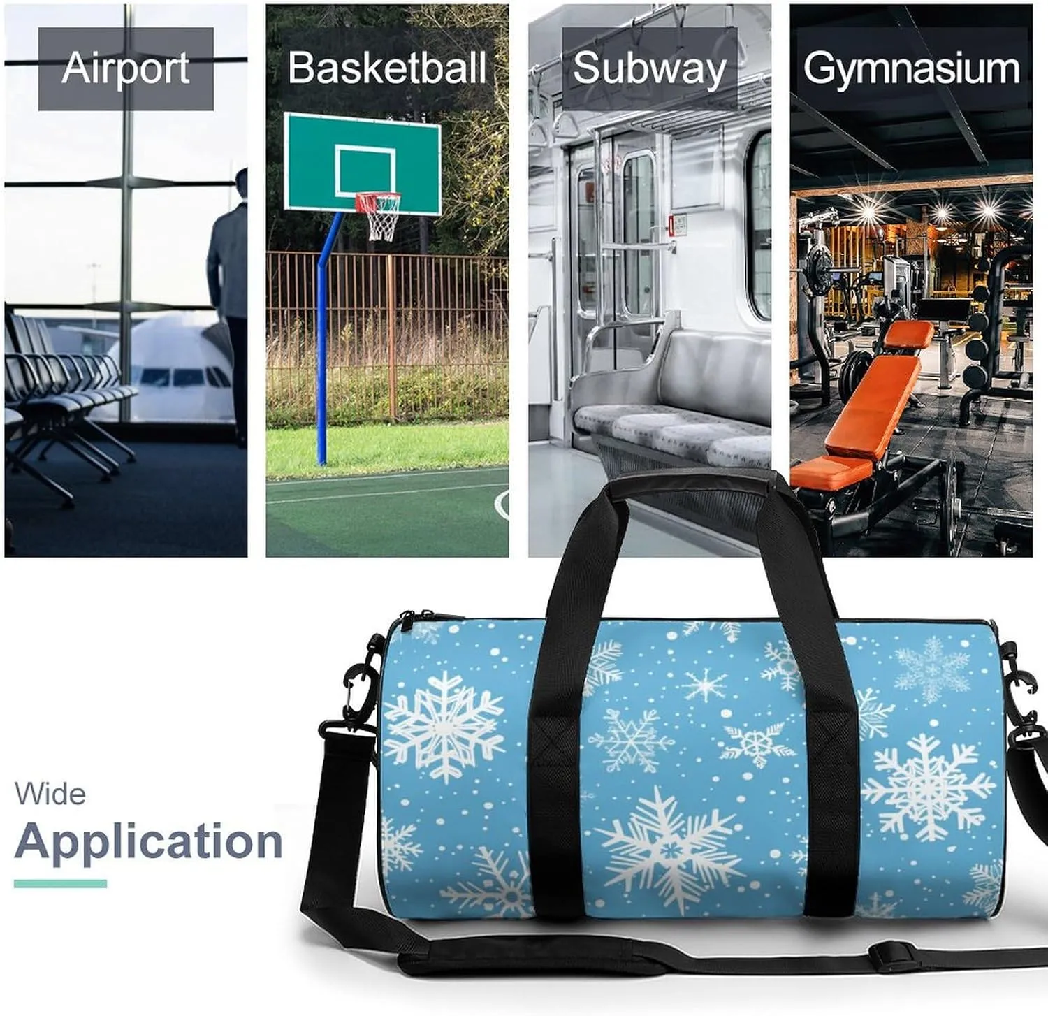 Cartoon Snowflake Travel Gym Bag for Women Men Snowy Blue Cylindrical Duffle Bag Sport Workout Bag with Shoulder Strap