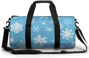 Cartoon Snowflake Travel Gym Bag for Women Men Snowy Blue Cylindrical Duffle Bag Sport Workout Bag with Shoulder Strap