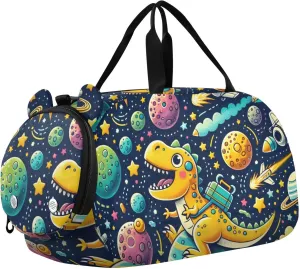 Cartoon Space Dinosaur Duffle Bag for Girl, Sports Duffle Gym Bags with Shoe Compartment, Personalized Overnight Bag Travel Weekender for Kids