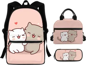 Cat Couple 3 Piece Backpack Set for Girls Boys 8-10 Insulated Lunch Box Cute Pencil Case Daypack Shoulder Bags Kids School Backpack Set with Lunch Bag Will Surely Shine at School