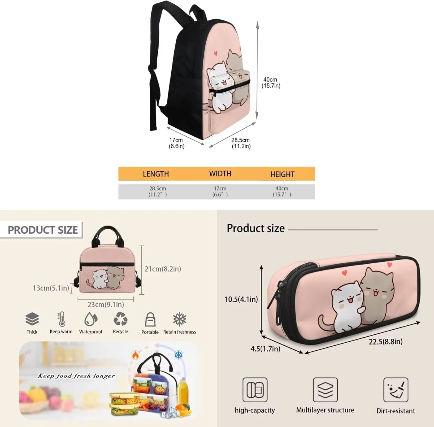 Cat Couple 3 Piece Backpack Set for Girls Boys 8-10 Insulated Lunch Box Cute Pencil Case Daypack Shoulder Bags Kids School Backpack Set with Lunch Bag Will Surely Shine at School