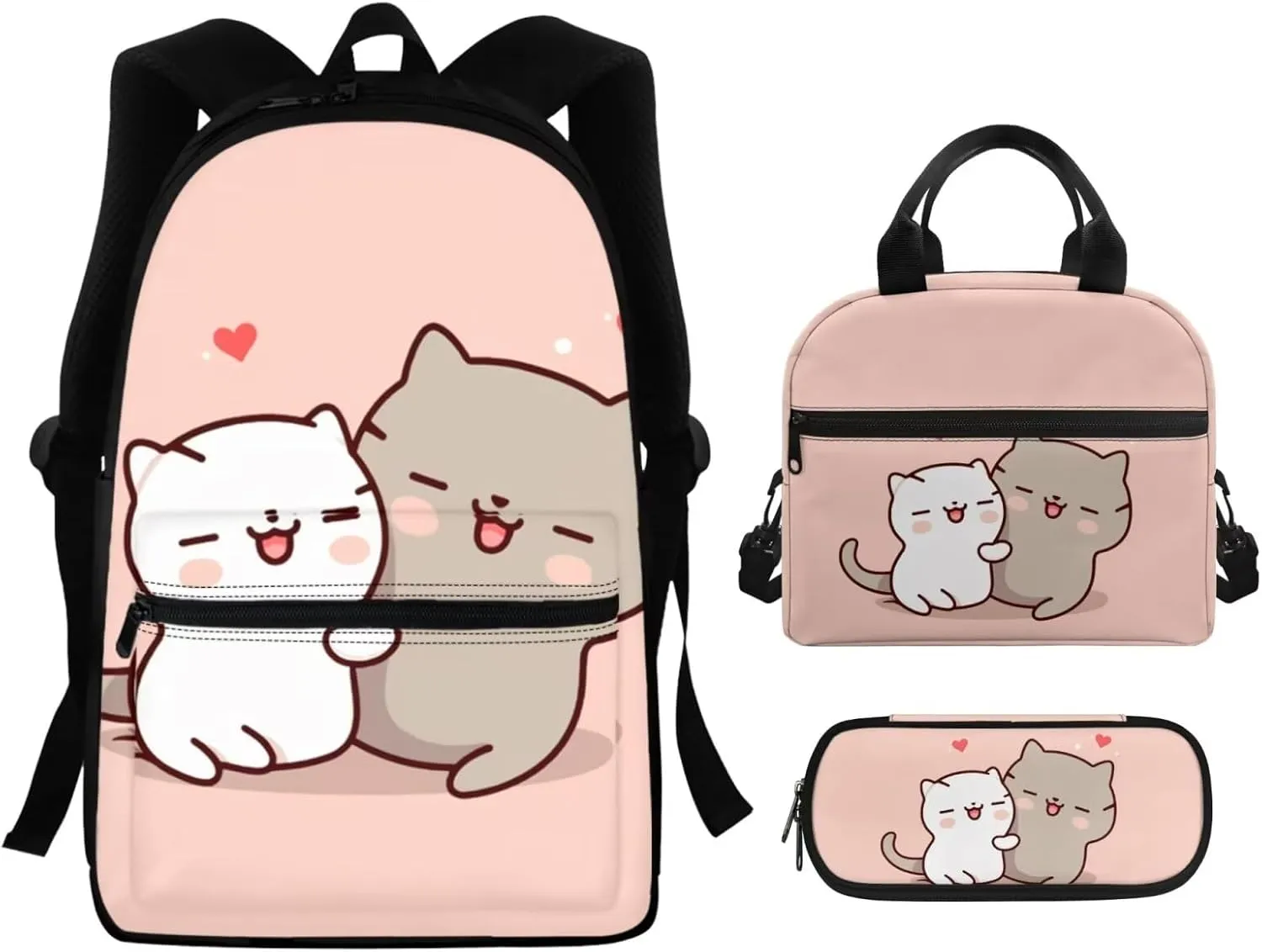 Cat Couple 3 Piece Backpack Set for Girls Boys 8-10 Insulated Lunch Box Cute Pencil Case Daypack Shoulder Bags Kids School Backpack Set with Lunch Bag Will Surely Shine at School