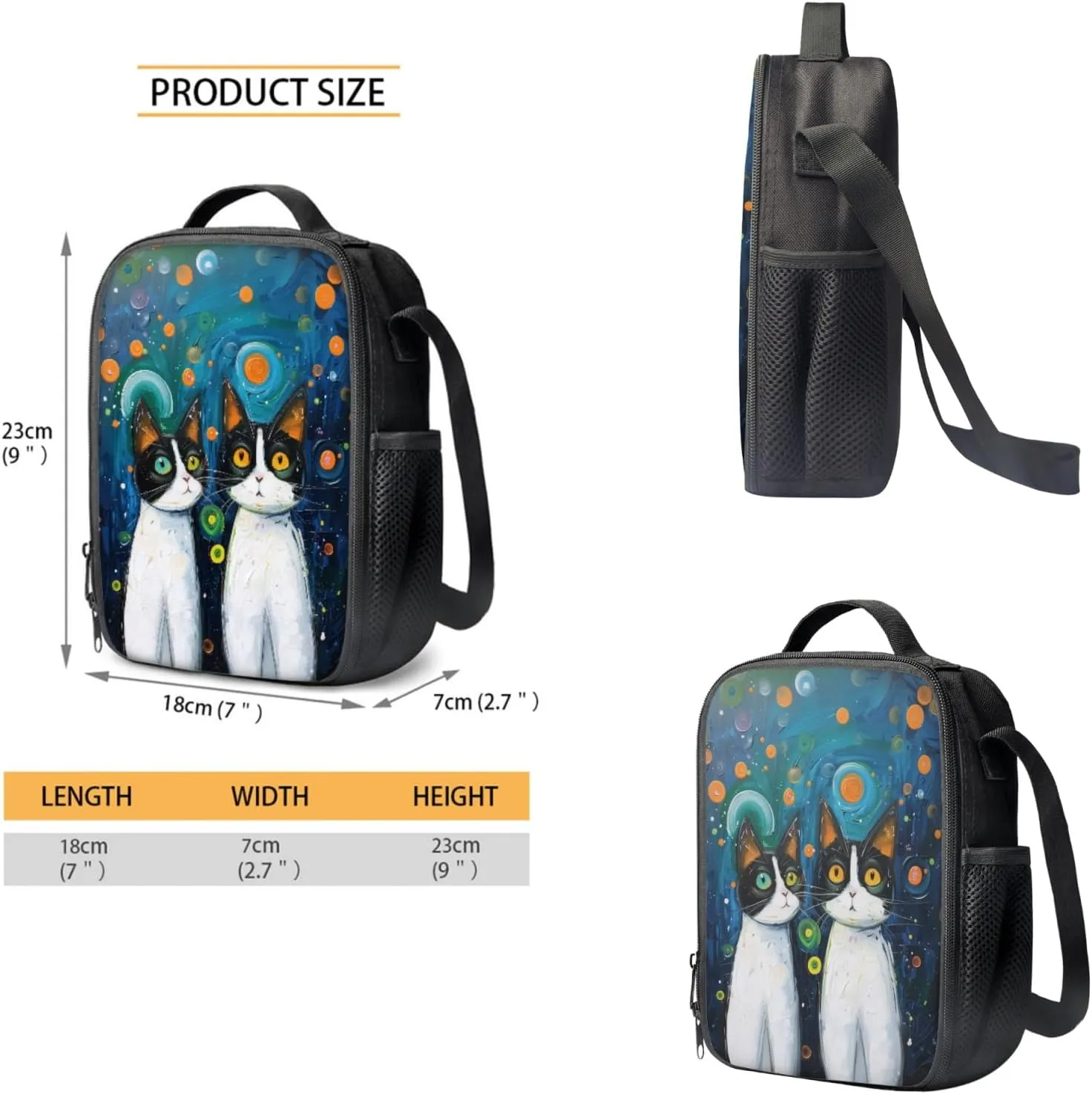 Cat Oil Painting Backpack for Teens Girls Boys School Bag Insulated Lunch Box Pencil Case Water Bottle Sleeve Set 4 in 1 Back to School Supplies Gifts