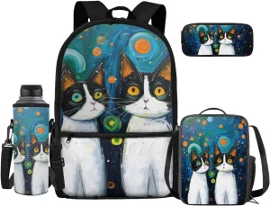 Cat Oil Painting Backpack for Teens Girls Boys School Bag Insulated Lunch Box Pencil Case Water Bottle Sleeve Set 4 in 1 Back to School Supplies Gifts