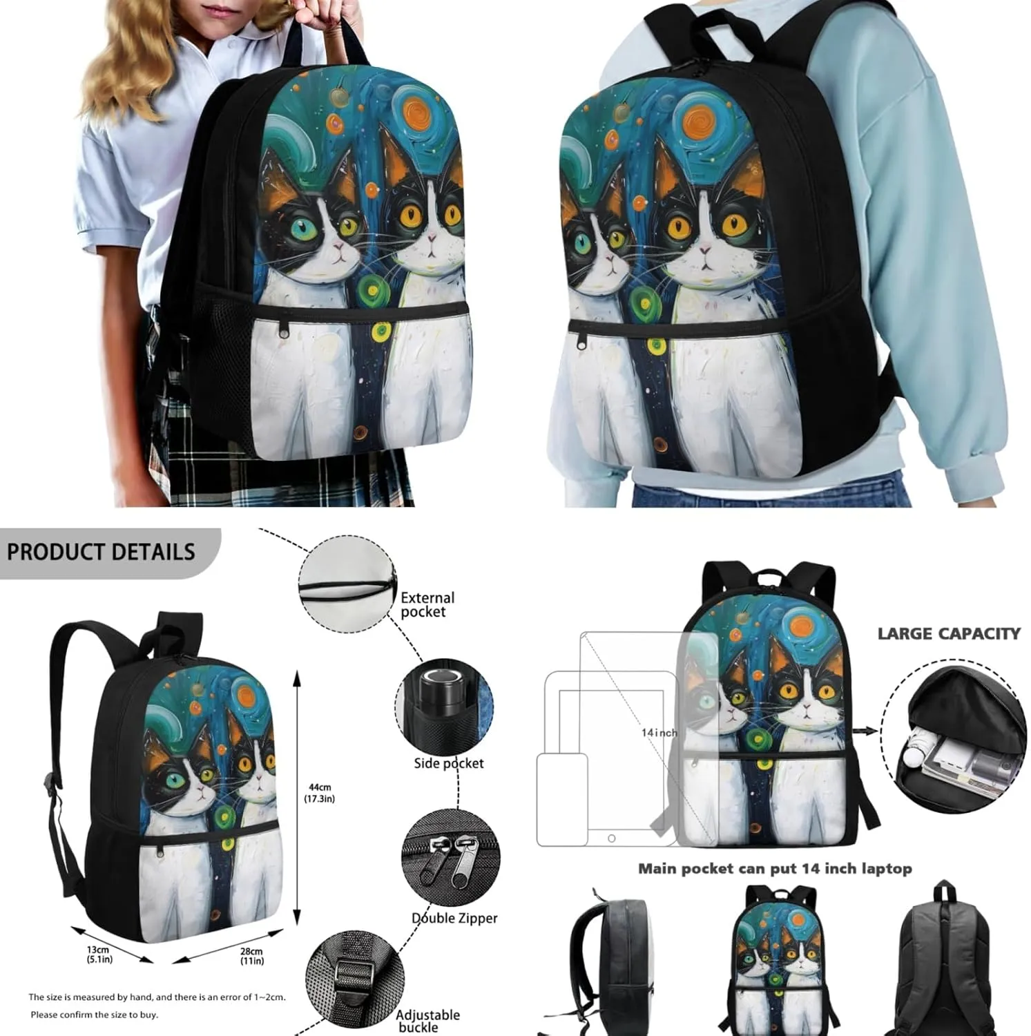Cat Oil Painting Backpack for Teens Girls Boys School Bag Insulated Lunch Box Pencil Case Water Bottle Sleeve Set 4 in 1 Back to School Supplies Gifts