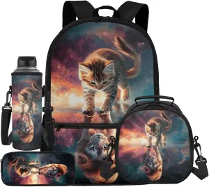 Cat Reflect Lion Kids Backpack and Lunch Box and Water Bottle Holder Pencil Case 17 Inches School Bag   Insulated Lunch Bag Set for Primary Students 2nd Grade Bookbag Lunchbox