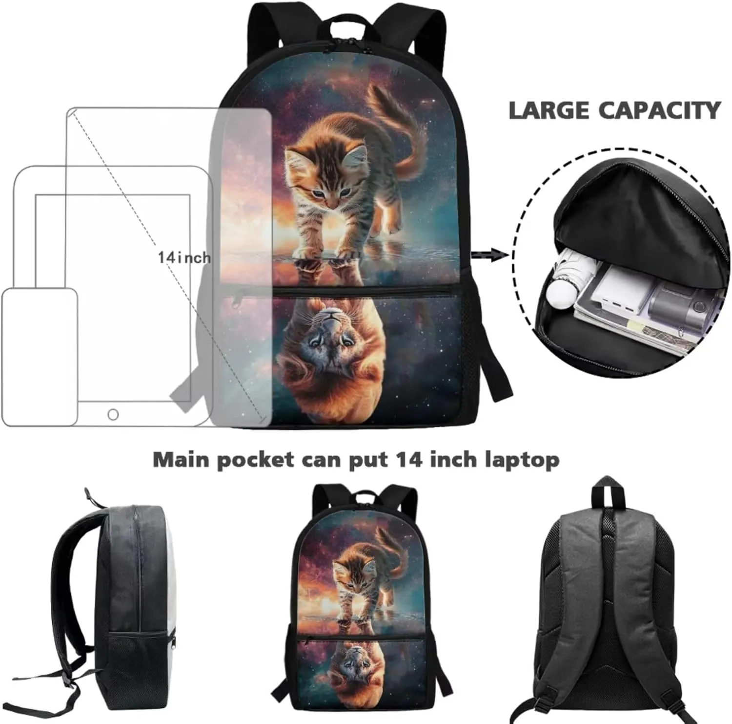 Cat Reflect Lion Kids Backpack and Lunch Box and Water Bottle Holder Pencil Case 17 Inches School Bag   Insulated Lunch Bag Set for Primary Students 2nd Grade Bookbag Lunchbox