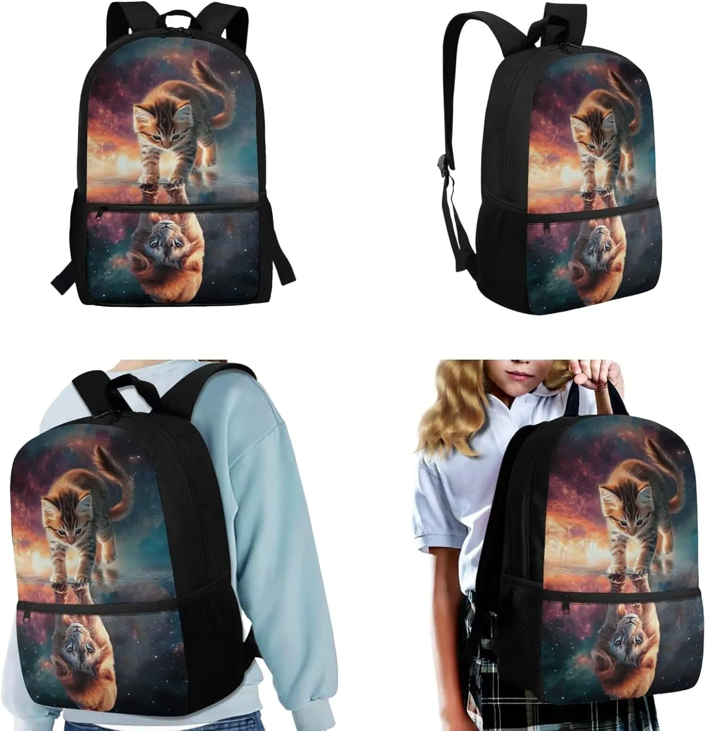 Cat Reflect Lion Kids Backpack and Lunch Box and Water Bottle Holder Pencil Case 17 Inches School Bag   Insulated Lunch Bag Set for Primary Students 2nd Grade Bookbag Lunchbox
