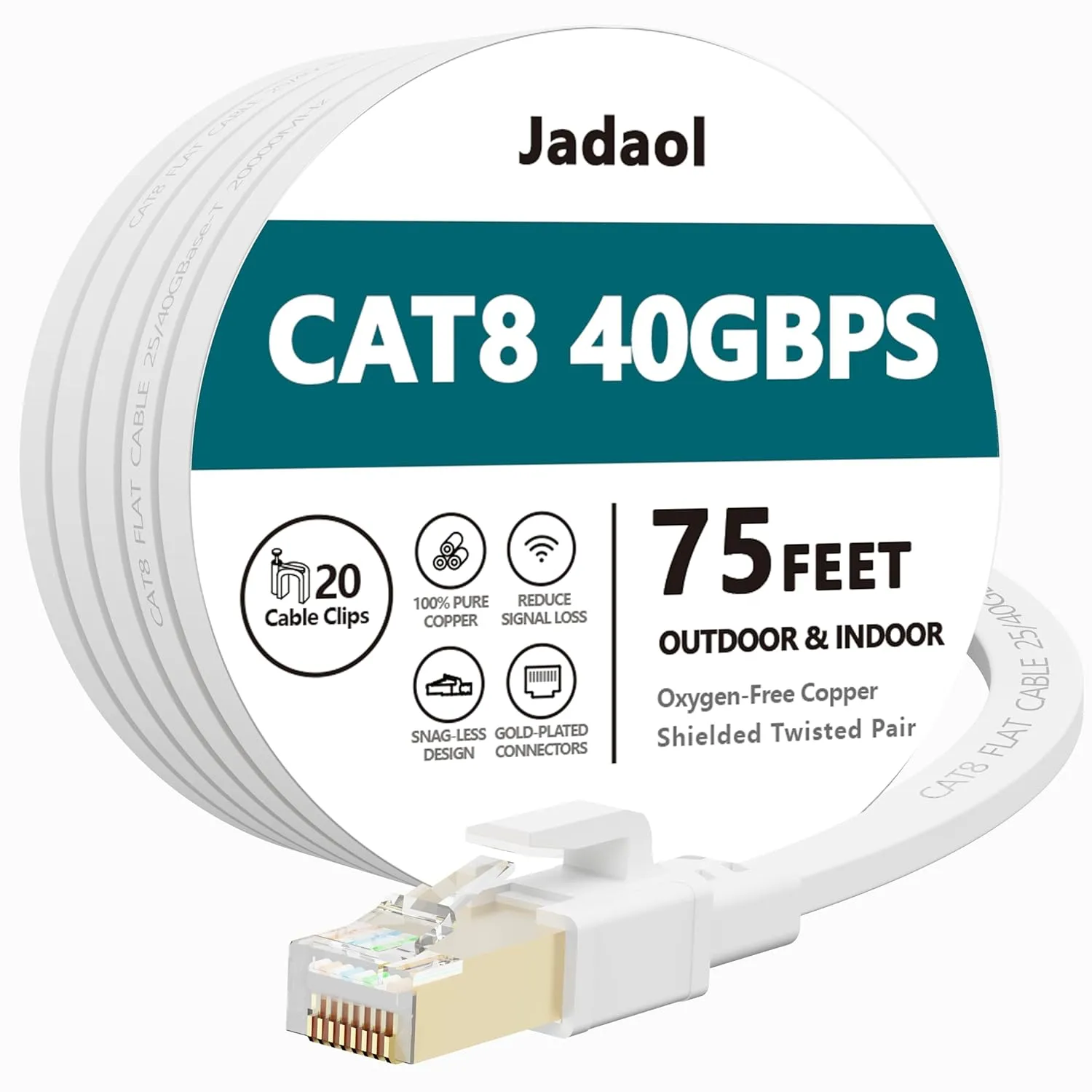 Cat8 Ethernet Cable, Outdoor&Indoor, 75 FT Heavy Duty High Speed Cat 8 LAN Network Cable, 40Gbps 2000MHz RJ45 Flat Internet Computer Patch Cord, Weatherproof S/FTP UV Resistant for Router/Modem/Gaming