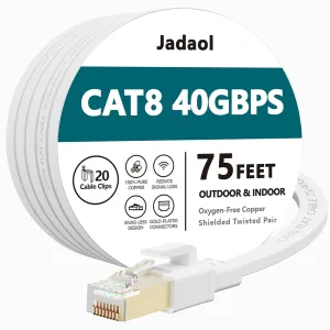 Cat8 Ethernet Cable, Outdoor&Indoor, 75 FT Heavy Duty High Speed Cat 8 LAN Network Cable, 40Gbps 2000MHz RJ45 Flat Internet Computer Patch Cord, Weatherproof S/FTP UV Resistant for Router/Modem/Gaming