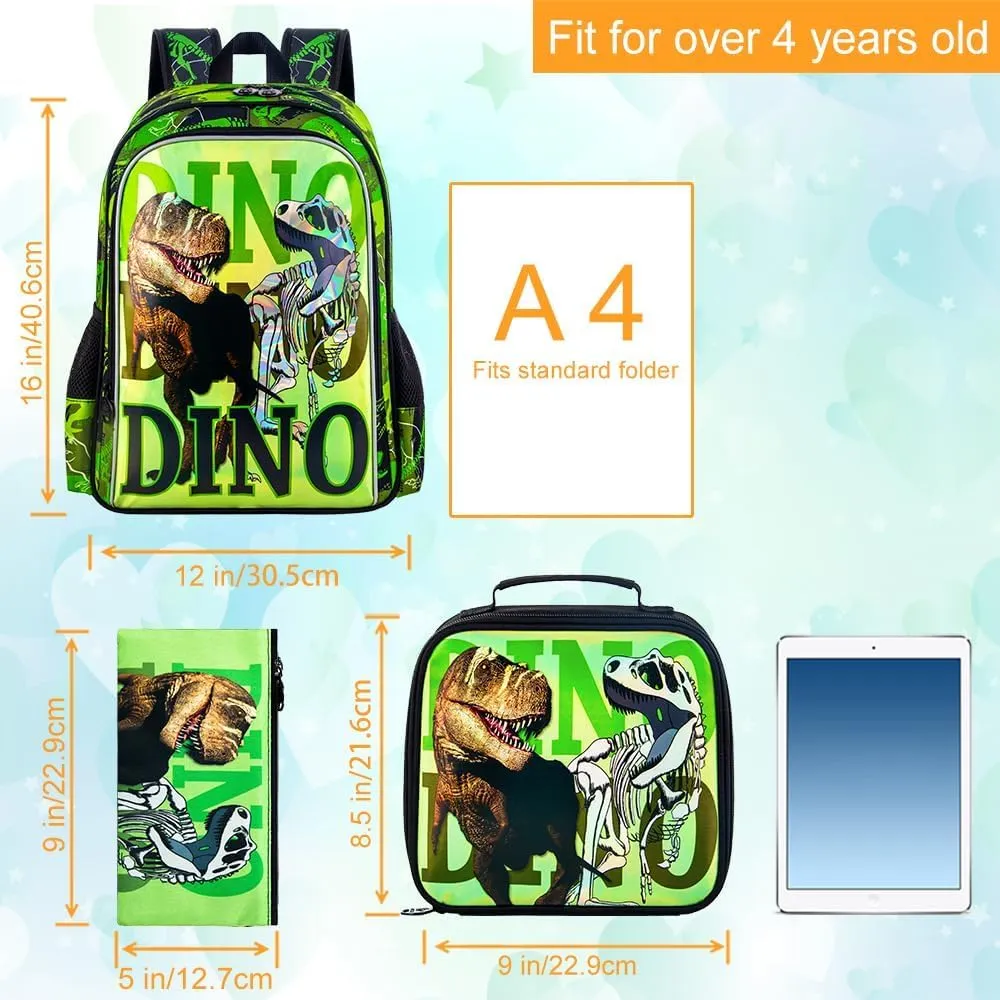 CCJPX 3PCS Dinosaur Backpack for Boys, 16 Inch Kids Water Resistant Preschool Bookbags, Cool Elementary Kindergarten School Backpacks and Lunch Box