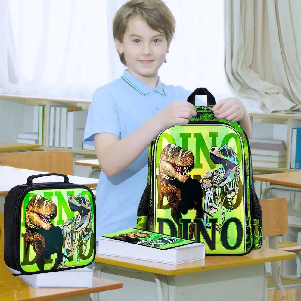 CCJPX 3PCS Dinosaur Backpack for Boys, 16 Inch Kids Water Resistant Preschool Bookbags, Cool Elementary Kindergarten School Backpacks and Lunch Box