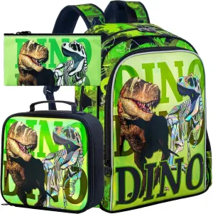 CCJPX 3PCS Dinosaur Backpack for Boys, 16 Inch Kids Water Resistant Preschool Bookbags, Cool Elementary Kindergarten School Backpacks and Lunch Box