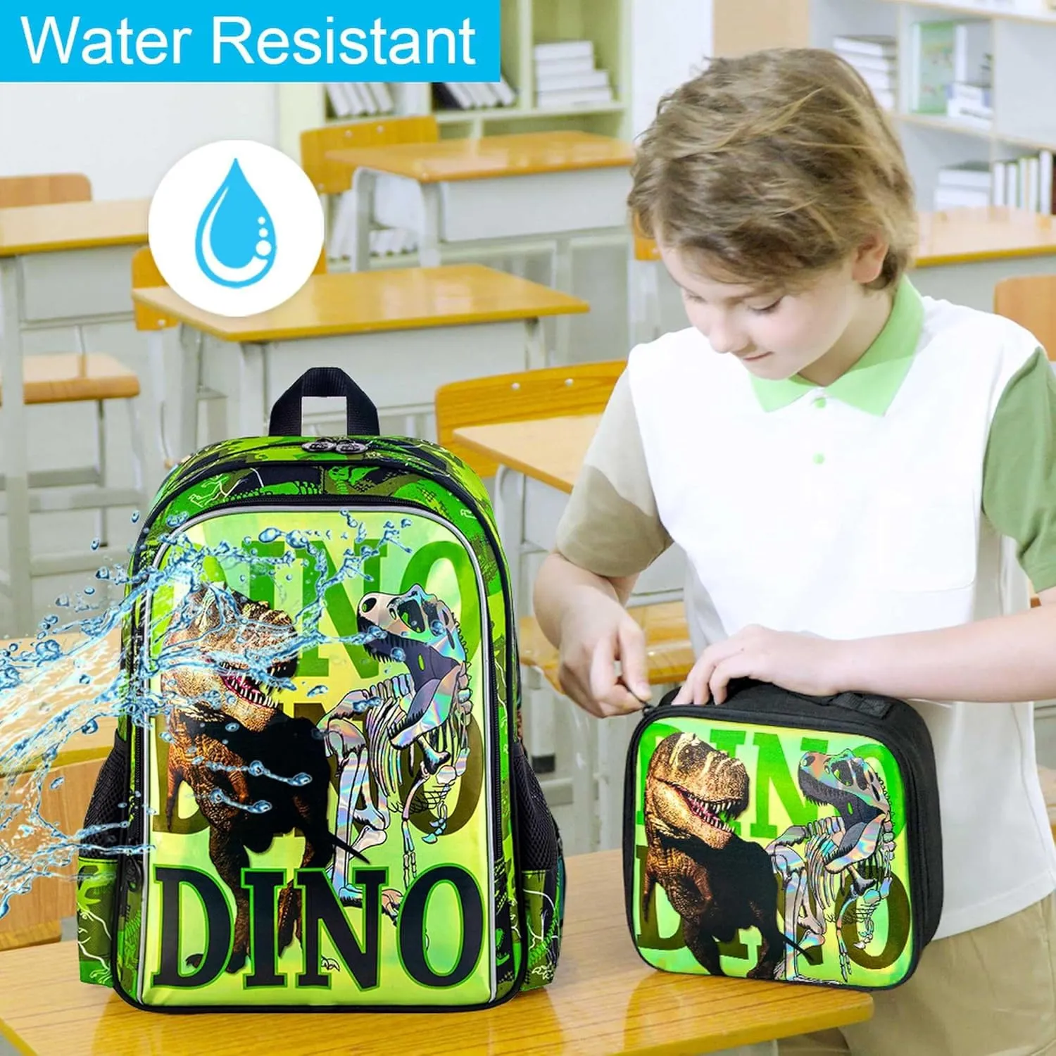 CCJPX 3PCS Dinosaur Backpack for Boys, 16 Inch Kids Water Resistant Preschool Bookbags, Cool Elementary Kindergarten School Backpacks and Lunch Box