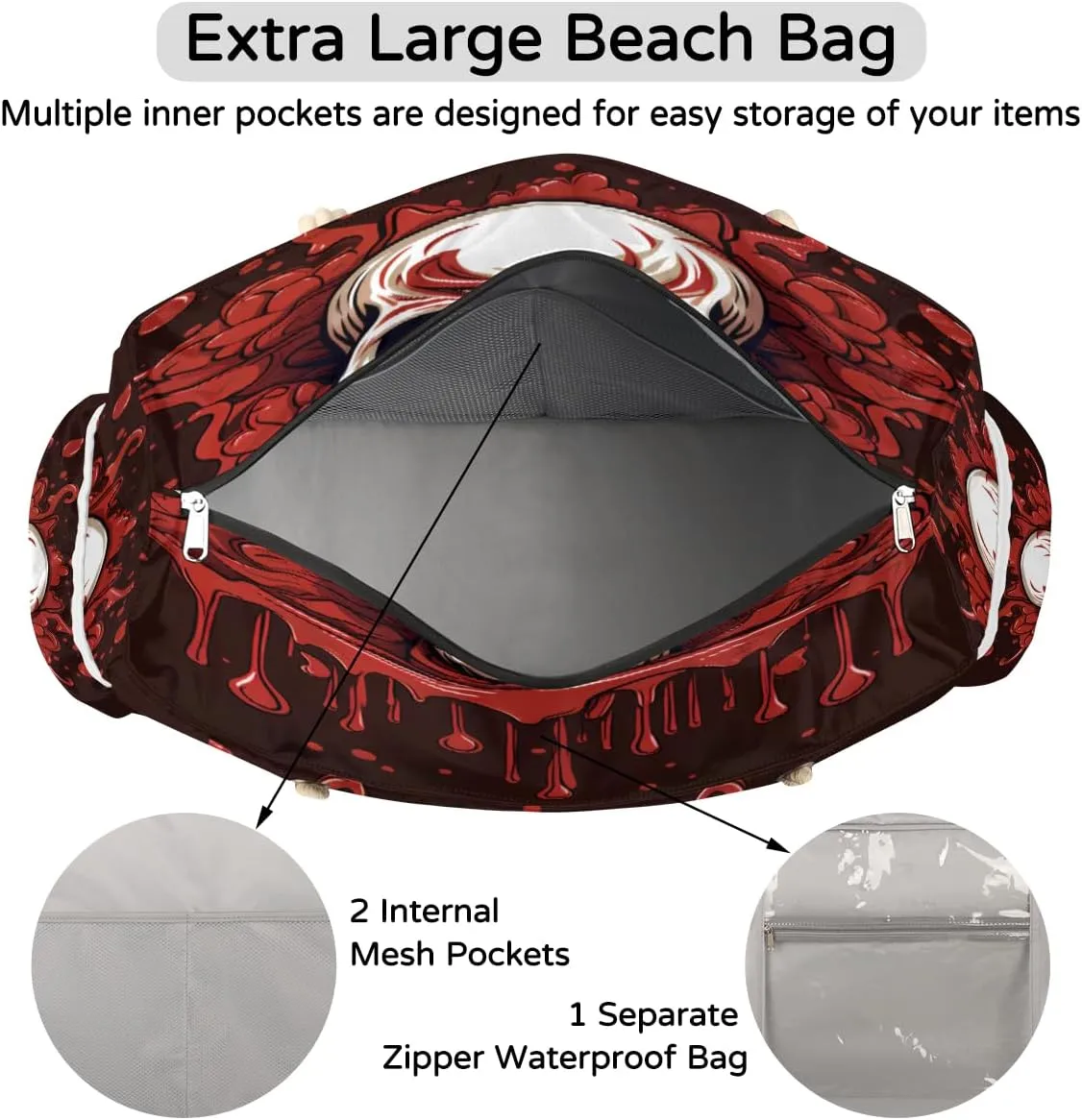 cfpolar Large Beach Bag, Waterproof Sandproof Beach Tote Bag with Zipper