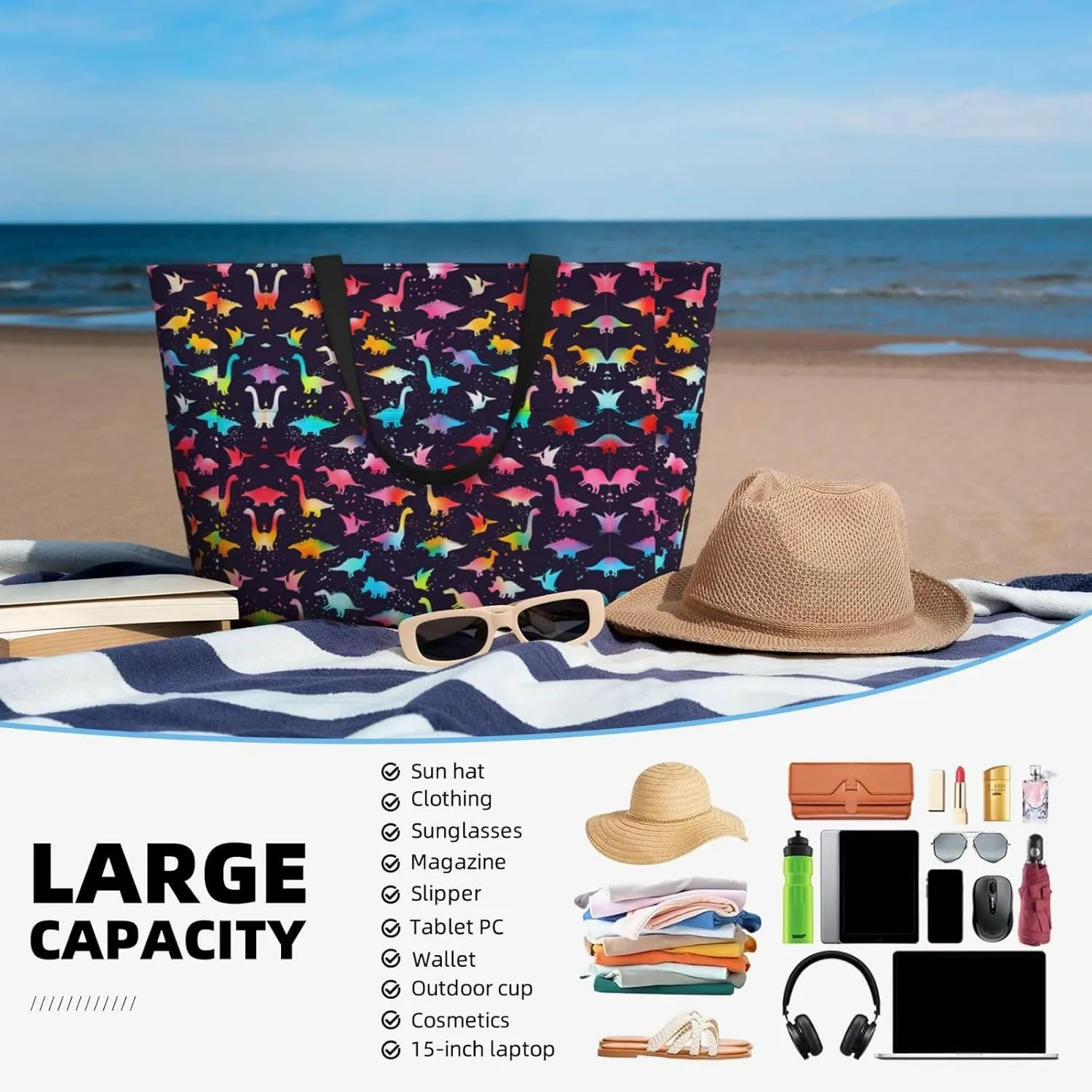 CHAOS MONKEY Women Large Beach Bag Sandproof Waterproof Travel Weekender Foldable Tote Bag for Pool Vacation Gym