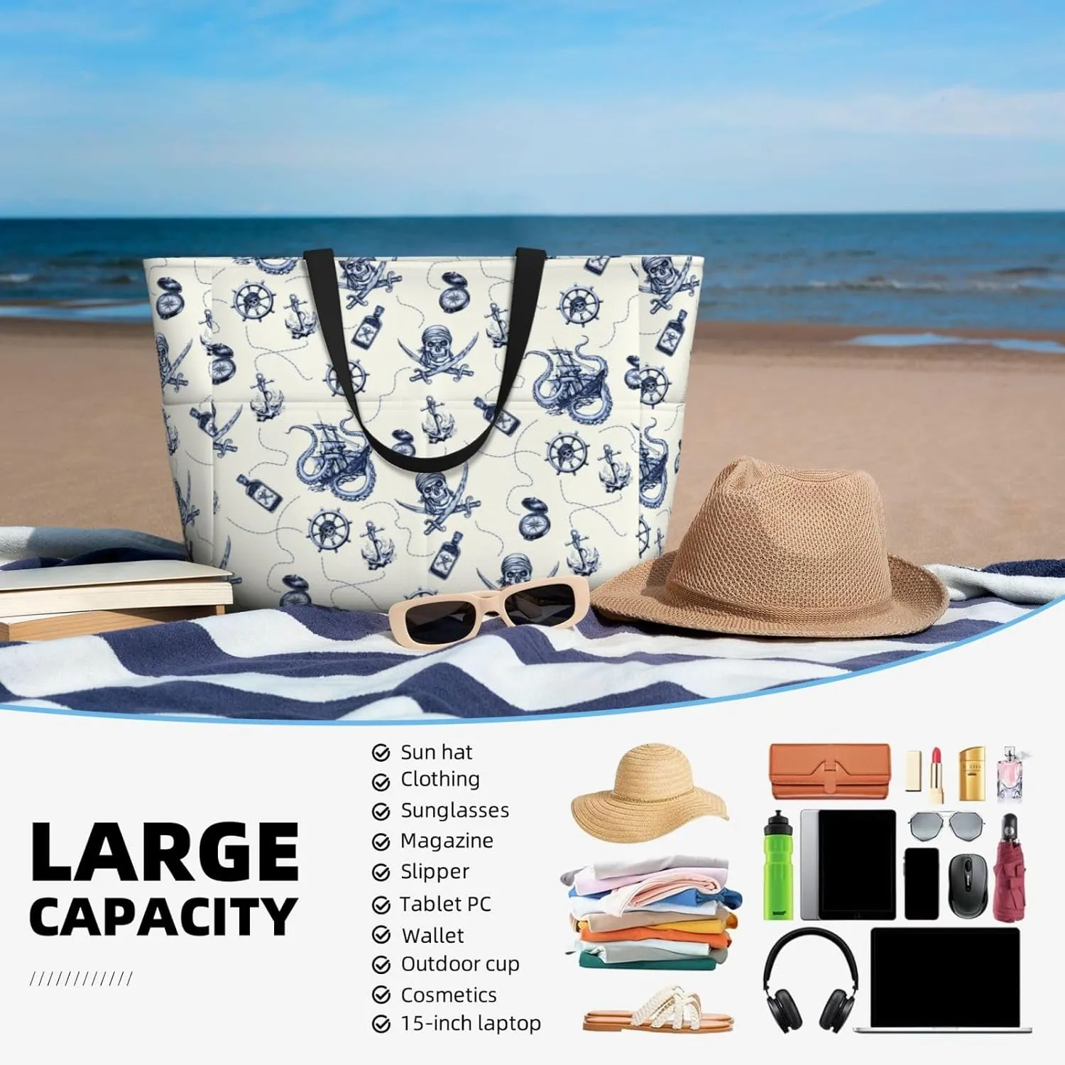 CHAOS MONKEY Women Large Beach Bag Sandproof Waterproof Travel Weekender Foldable Tote Bag for Pool Vacation Gym