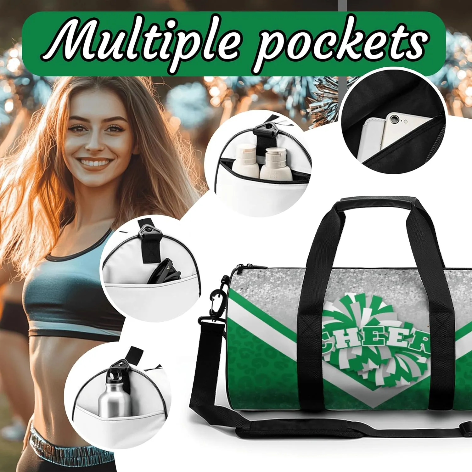 Cheer Duffle Bag for Cheerleaders, Cheerleading Gym Bag for Women, Travel Bag Duffel Bag, Carry on Weekender Bag (Silver&Green)