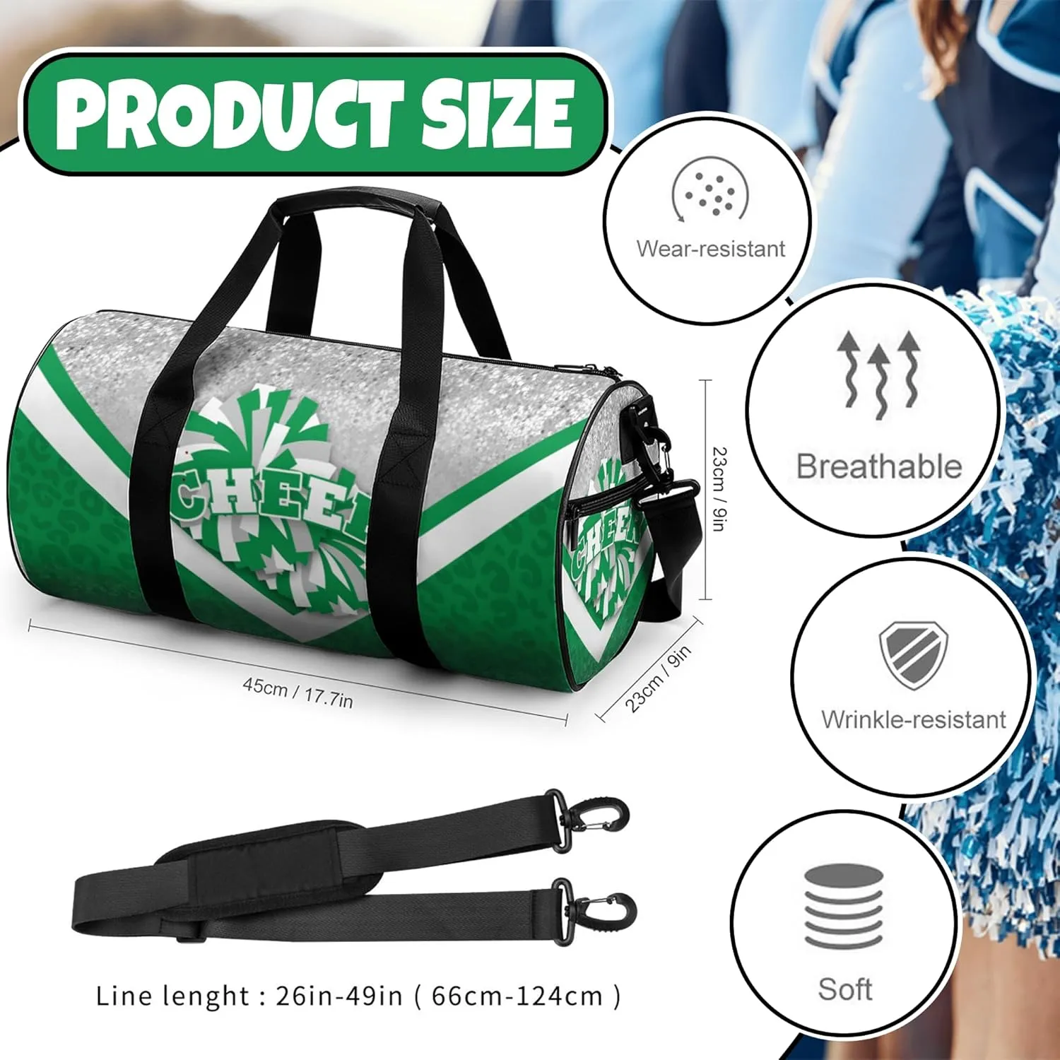Cheer Duffle Bag for Cheerleaders, Cheerleading Gym Bag for Women, Travel Bag Duffel Bag, Carry on Weekender Bag (Silver&Green)