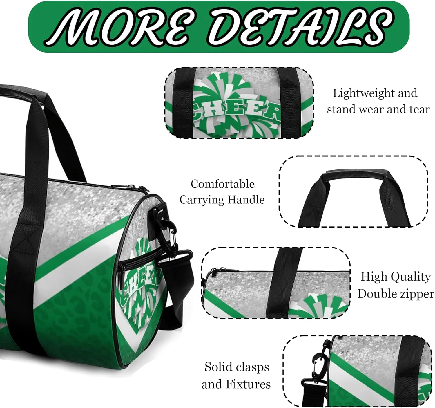 Cheer Duffle Bag for Cheerleaders, Cheerleading Gym Bag for Women, Travel Bag Duffel Bag, Carry on Weekender Bag (Silver&Green)