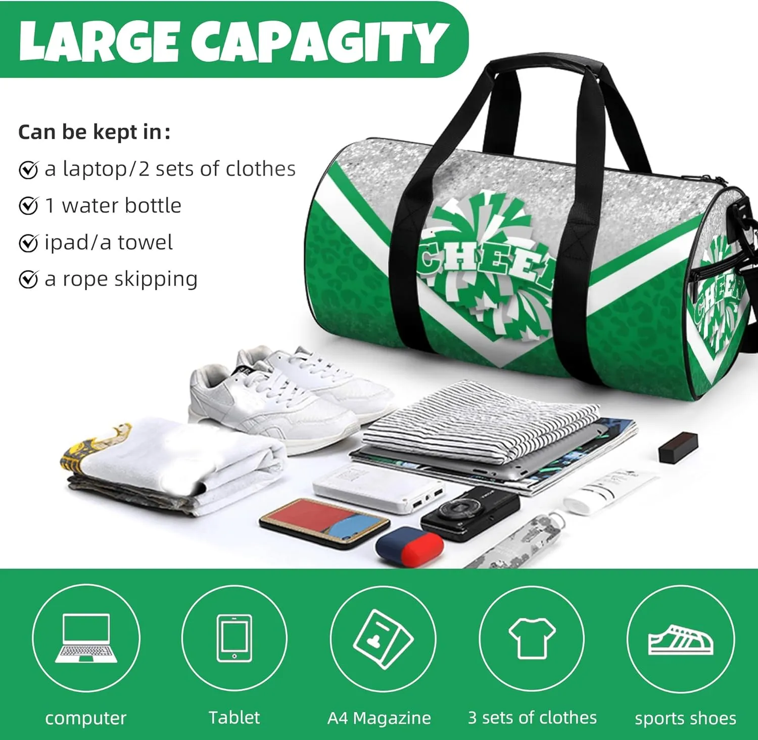 Cheer Duffle Bag for Cheerleaders, Cheerleading Gym Bag for Women, Travel Bag Duffel Bag, Carry on Weekender Bag (Silver&Green)
