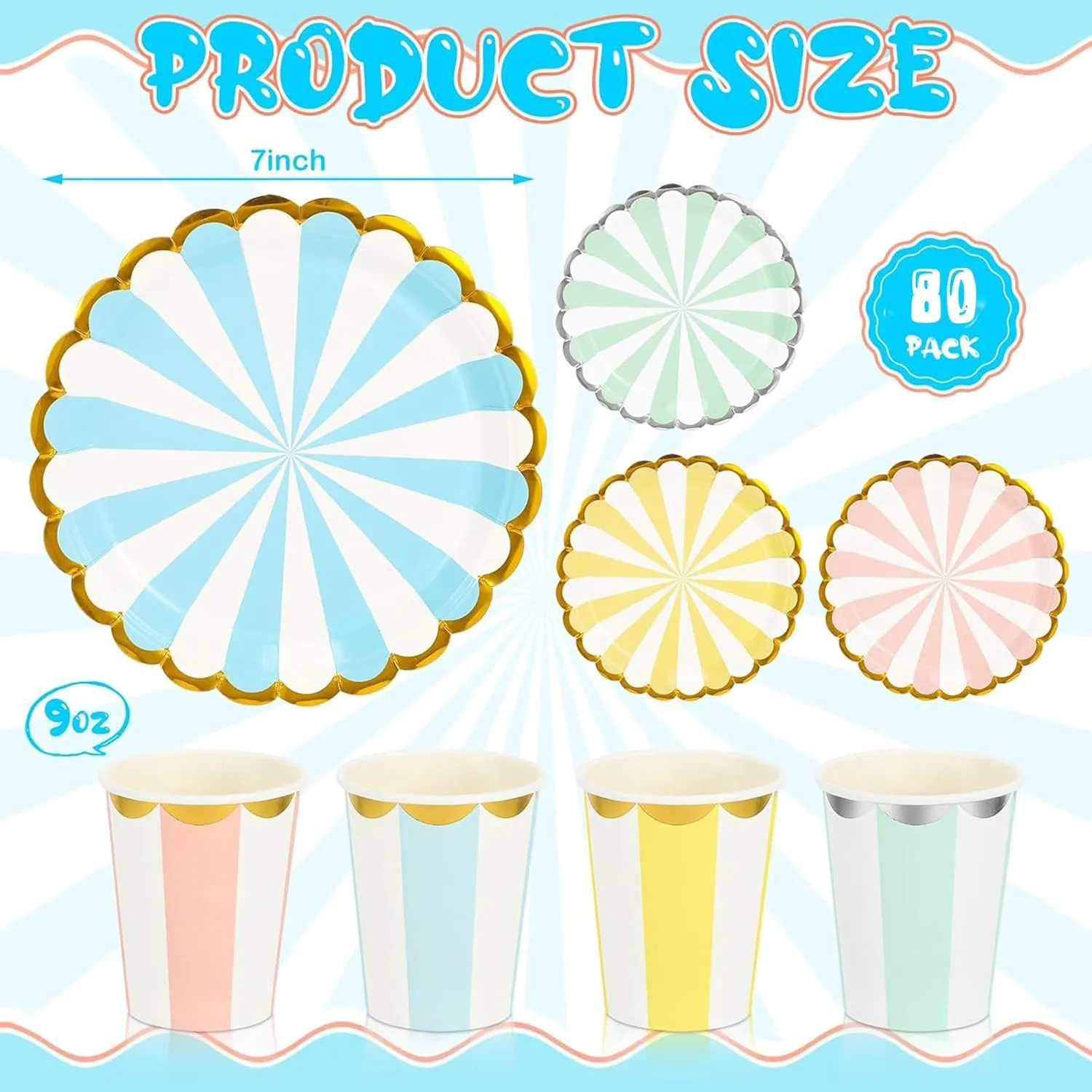 CHENGU Disposable Plates for Party Disposable Dinnerware Set Include 7 Inch Paper pastel Dessert Plates and 12 oz Cups for Birthday Party Supplies Baby Shower Wedding (Stripe Style,80 Pcs)
